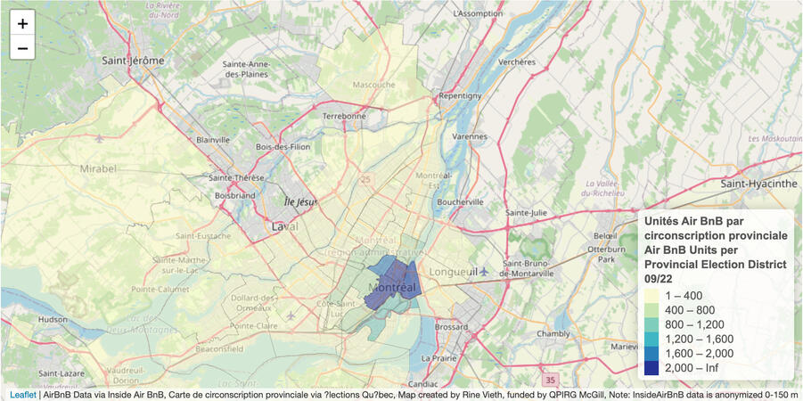 A map of Montréal's Air BnBs, with darker colors representing more AirBnBs